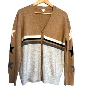 Hem & Thread Star Sleeve Cardigan Sweater Tan Gray Medium Cozy Knit